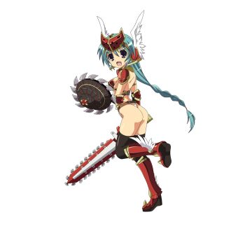 10s 1girl aqua_hair armor ass bikini_armor blue_eyes boots chainsaw_sword curvy female_focus highleg highleg_leotard highres holding holding_sword holding_weapon leotard long_hair looking_at_viewer mirim official_art queen&#039;s_blade queen&#039;s_blade_rebellion revealing_clothes shield shiny_skin smile solo sword thighhighs thong_leotard tsurugi_hagane weapon white_leotard wide_hips