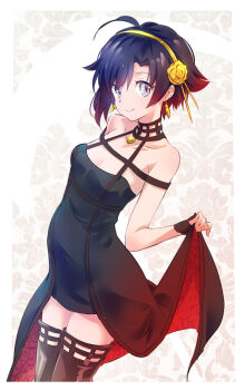 1girl ahoge asymmetrical_hair bare_shoulders black_dress black_gloves black_hair border breasts collarbone colored_tips cosplay cowboy_shot dress earrings fingerless_gloves floral_print flower gloves gold_earrings gold_hairband grey_eyes hair_flower hair_ornament hairband highres iesupa jewelry multicolored_hair off-shoulder_dress off_shoulder red_hair rose rose_print ruby_rose rwby short_hair skirt_hold small_breasts solo spikes spy_x_family tagme thighhighs two-sided_dress two-sided_fabric two-tone_hair voice_actor_connection white_border yor_briar_(cosplay) zettai_ryouiki
