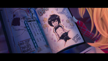 2girls black_hair black_sweater_vest blonde_hair bodysuit cameltoe clothes_lift english_text flat_chest heart highres holding holding_sketchbook jcm2 letterboxed loli looking_at_viewer marvel meme multiple_girls nipples parody peni_parker scene_reference school_uniform shirt_lift short_hair shorts sketchbook skin_tight solo_focus spider-gwen spider-man:_across_the_spider-verse spider-man:_into_the_spider-verse spider-man_(series) spider-verse spider_web_print spread_legs sweater_vest tight_clothes