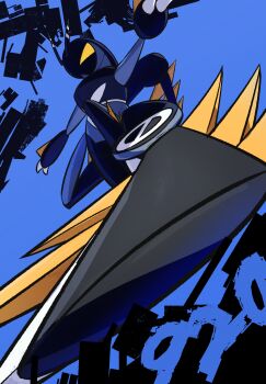 antennae blue_background claws commentary_request ewokakukaede from_below highres lokix nintendo outstretched_arms pokemon pokemon_(creature) pokemon_focus solo spread_arms v-shaped_eyes