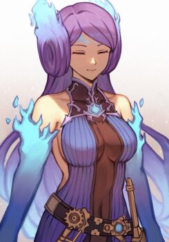 1girl 20060715 absurdres belt blue_hair blue_sleeves breasts brighid_(xenoblade) closed_eyes closed_mouth commentary_request covered_navel detached_sleeves fiery_hair highres large_breasts long_hair multicolored_hair parted_bangs purple_hair smile solo standing two-tone_hair upper_body xenoblade_chronicles_(series) xenoblade_chronicles_2