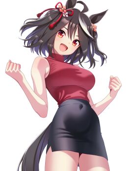 1girl ahoge animal_ears bare_arms black_hair black_skirt black_tail blush clenched_hands commentary_request hair_between_eyes hair_ribbon hands_up high-waist_skirt highres horse_ears horse_girl horse_tail katsushika_yuki kitasan_black_(umamusume) looking_at_viewer multicolored_hair open_mouth pencil_skirt red_ribbon red_sweater ribbon simple_background skirt sleeveless sleeveless_sweater sleeveless_turtleneck smile solo streaked_hair sweater tail thighs turtleneck turtleneck_sweater two_side_up umamusume white_background white_streaks