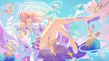 1girl absurdres ass blue_sky breasts commentary_request cyrene_(demiurge)_(honkai:_star_rail) cyrene_(honkai:_star_rail) diamond-shaped_pupils diamond_(shape) dress full_body high_heels highres honkai:_star_rail honkai_(series) innga_hui large_breasts long_hair mem_(honkai:_star_rail) on_swing panties pink_hair planet planetary_ring purple_eyes sky smile swing symbol-shaped_pupils underwear very_long_hair white_dress white_panties