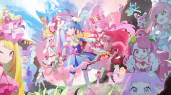 1boy 6+girls absurdres animal animal_ears aqua_boots aqua_dress aqua_hair arm_up ascot asymmetrical_bangs black_hat blonde_hair blue_cape blue_dress blue_eyes blue_hair blue_neckerchief blue_pantyhose blue_sky boots bow bow_skirt braid braided_bangs brooch butterfly_hat_ornament cape cat_ears cat_tail child choker clenched_hands closed_eyes closed_mouth clothing_cutout cloud cloudy_sky coattails cone_hair_bun cropped_shirt cure_ange cure_butterfly cure_earth cure_felice cure_finale cure_flora cure_grace cure_la_mer cure_macaron cure_milky cure_precious cure_prism cure_sky cure_summer cure_supreme cure_wing day delicious_party_precure detached_sleeves dog double_bun dress dress_bow elbow_gloves ellee-chan everyone fingerless_gloves floating flower flying flying_sweatdrops frilled_dress frilled_shirt frills frown glove_bow gloves go!_princess_precure gradient_hair gradient_sky grass green_eyes hagoromo_lala hair_bun hair_flower hair_ornament hair_ribbon hanadera_nodoka hanami_kotoha hands_on_own_hips haruno_haruka hat hat_ornament healin&#039;_good_precure heart heart_brooch hibiscus highres hijiri_ageha hirogaru_sky!_precure holding holding_animal hugtto!_precure in-franchise_crossover incredibly_absurdres jacket jewelry kaidou_minami kasai_amane kirakira_precure_a_la_mode kome-kome kotozume_yukari latte_(precure) laura_la_mer leg_up long_hair looking_at_viewer looking_back looking_to_the_side magical_boy magical_girl mahou_girls_precure! midriff mini_hat mini_top_hat mob_cap multicolored_hair multiple_girls nagomi_yui natsuumi_manatsu neckerchief nijigaoka_mashiro notice_lines one_eye_closed open_mouth orange_gloves orange_hair orange_shorts outdoors pantyhose pearl_hair_ornament pink_bow pink_choker pink_dress pink_eyes pink_hair pink_hat pink_jacket pink_sailor_collar pink_sky pouch praying precure precure_all_stars precure_all_stars_f preme_(precure) puffy_detached_sleeves puffy_sleeves purple_boots purple_dress purple_eyes rabbit rabirin_(precure) raised_fist red_cape red_eyes ribbon sailor_collar shell_brooch shirt shoes short_dress shorts side_braids side_ponytail single_leg_pantyhose sitting skirt sky sleeveless sleeveless_shirt smile sora_harewataru standing standing_on_one_leg star_twinkle_precure stomach_cutout tail thighhighs tiara top_hat tropical-rouge!_precure twintails two-sided_cape two-sided_fabric two-tone_dress two-tone_hair two_side_up very_long_hair waist_bow white_ascot white_boots white_dress white_gloves white_pantyhose white_ribbon white_shirt white_shoes white_thighhighs wing_brooch wing_hair_ornament yakushiji_saaya yuer_(user_ecrv4275) yuunagi_tsubasa