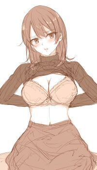 1girl adjusting_bra adjusting_clothes arms_behind_back bad_link black_sweater blush bra breasts cleavage clothes_lift hair_between_eyes large_breasts looking_at_viewer monochrome open_mouth ponpon_(ponpon62126) short_hair skirt sweater sweater_lift underwear white_bra yahari_ore_no_seishun_lovecome_wa_machigatteiru. yukinoshita_haruno
