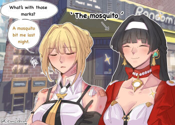 2girls astra_yao bandages bandaid black_hair blonde_hair blush breasts cesar_zebrah closed_eyes closed_mouth commentary english_commentary evelyn_chevalier gloves hairband hickey highres long_hair mole mole_under_eye multiple_girls outdoors parted_lips smile sparkle squiggle town upper_body white_hairband yuri zenless_zone_zero