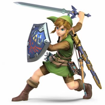 3d arrrow belt blue_eyes boots bow brown_boots full_body gold_trim green_hat hat highres holding holding_sword holding_weapon hylian_shield legs_apart link male_focus master_sword nintendo official_art quiver scabbard sheath sheikah_slate shield simple_background solo standing super_smash_bros. sword the_legend_of_zelda tunic weapon weapon_on_back white_background