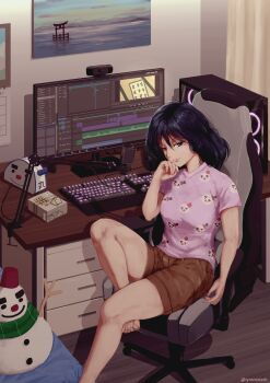 1girl at_computer bedroom black_hair breasts casual chair chihayafuru commentary commission computer computer_keyboard computer_tower desk english_commentary female_focus gaming_chair head_rest highres indoors medium_breasts medium_hair microphone microphone_stand mole mole_under_eye monitor office_chair pink_shirt print_shirt purple_eyes shirt shorts sitting snowman snowmaru solo swivel_chair t-shirt tyrone wakamiya_shinobu