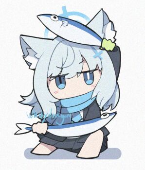 1girl animal animal_ears black_jacket black_skirt blue_archive blue_necktie blue_scarf blush chibi chibi_only cross cross_hair_ornament dual_wielding film_grain fish full_body gloves green_gloves grey_hair hair_ornament holding holding_animal holding_fish jacket latin_cross long_hair long_sleeves mismatched_pupils necktie no_mouth no_nose no_shoes open_clothes open_jacket pleated_skirt scarf school_uniform shiroko_(blue_archive) shirt simple_background single_glove skirt solo swept_bangs twitter_username v-shaped_eyebrows white_background white_shirt whitydragon wolf_ears