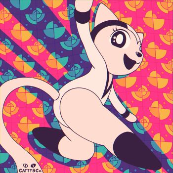 1girl absurdres arm_up boots bright_pupils cat_girl chromatic_aberration commentary_request doover eyelashes from_side full_body furry furry_female highres leotard long_sleeves looking_at_viewer open_mouth pink_background solo tamala_(tamala_2010) tamala_2010:_a_punk_cat_in_space white_pupils