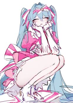 Rule 34 | + +, 1girl, blue hair, blush, bow, bow hairband, bowtie, closed eyes, dress, frown, gloves, hair bow, hairband, hatsune miku, high heels, highres, ima sugu rinne (vocaloid), long hair, looking at viewer, magical girl, parted lips, pink bow, pink bowtie, pink dress, pink hairband, pink skirt, puffy short sleeves, puffy sleeves, short sleeves, simple background, skirt, solo, squatting, star (symbol), sweat, thighs, twintails, ummwa, variant set, very long hair, vocaloid, white background, white bow, white gloves