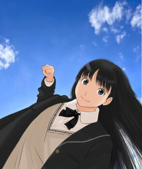 1girl amagami ayatsuji_tsukasa black_bow black_bowtie black_hair blazer blue_sky bow bowtie brown_sweater_vest clenched_hand closed_mouth cloud cloudy_sky collared_shirt from_below grey_eyes hashtag-only_commentary incoming_attack incoming_punch jacket kibito_high_school_uniform long_hair long_sleeves looking_at_viewer photo_background punching school_uniform shirt shirt_under_sweater sky smile solo sweater_vest takemi_kaoru upper_body white_shirt