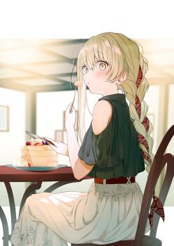 1girl bare_shoulders belt blush braid braided_ponytail cake cecilia_(shiro_seijo_to_kuro_bokushi) chair clothing_cutout commentary_request eating food fork from_side fruit green_hair hair_ribbon highres holding holding_fork indoors kazutake_hazano long_hair looking_at_viewer pancake pancake_stack plate red_ribbon ribbon shiro_seijo_to_kuro_bokushi shirt shoulder_cutout single_braid sitting skirt solo syrup table white_skirt