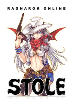 1girl 2000s_(style) 2005 bad_id bandana belt belt_buckle belt_pouch bikini bikini_top_only blue_eyes blue_gloves breasts brown_belt buckle commentary_request copyright_name cowboy_hat cowboy_shot cowboy_western dated_commentary expressionless fingerless_gloves gloves gun hair_between_eyes handgun hat hat_over_one_eye holding holding_gun holding_weapon jewelry korean_commentary lips long_bangs medium_breasts midriff monster_gogo navel official_art open_mouth pouch ragnarok_online red_bandana revolver ring sheriff_badge simple_background solo star_(symbol) star_sticker sticker sticker_on_face swimsuit weapon white_background white_bikini white_hair whitesmith_(ragnarok_online)