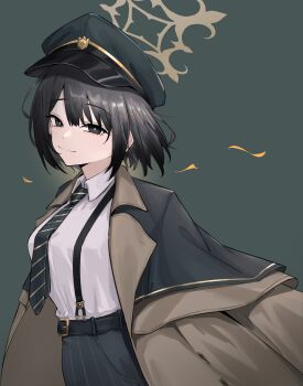 1girl absurdres belt black_eyes black_hair black_necktie blue_archive breasts closed_mouth coat coat_on_shoulders collared_shirt commentary hair_between_eyes halo hat highres hiromi_(blue_archive) looking_at_viewer necktie pants peaked_cap shirt short_hair simple_background solo striped_necktie suspenders tinkie white_shirt