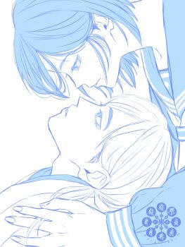 1boy 1girl couple fox_mask_(silent_hill) hand_in_another&#039;s_hair hetero highres japanese_clothes looking_at_another low_ponytail monochrome parted_lips ponytail school_uniform serafuku shimizu_hinako short_hair silent_hill_(series) silent_hill_f swept_bangs upper_body white_background white_hair yagiri2k_m