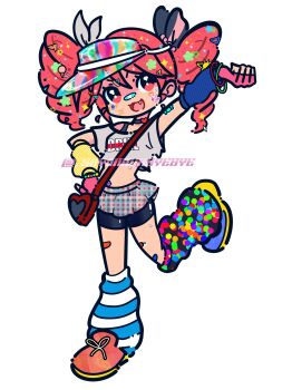 1girl :3 absurdres bag bandaid bandaid_on_face bandaid_on_nose black_leg_warmers black_outline black_shorts blue_arm_warmers blue_shoes bracelet commentary decora drill_hair english_commentary fang fingerless_gloves food full_body gloves grey_shirt hair_ornament hairclip highres ice_cream jewelry kasane_teto leg_up leg_warmers long_hair looking_at_viewer mismatched_arm_warmers open_mouth orange_shoes outline pink_gloves pizza pizza_slice plaid_clothes plaid_skirt red_eyes red_hair sayonarabyebye shirt shoes shorts shorts_under_skirt shoulder_bag skirt solo sticker sticker_on_arm sticker_on_face sticker_on_leg striped_leg_warmers tongue twin_drills twitter_username utau visor_cap yellow_arm_warmers