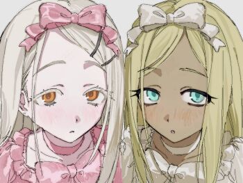 2girls :o aqua_eyes blonde_hair blush bow bowtie choker collarbone colored_eyelashes commentary dress earrings frilled_dress frills gakuen_idolmaster hair_bow idolmaster idolmaster_cinderella_girls jewelry layla_(idolmaster) long_hair looking_at_viewer multiple_girls open_mouth orange_eyes parted_bangs parted_lips pink_bow pink_bowtie pink_dress pink_hair portrait shinosawa_hiro smo_(smori30) stud_earrings symbol-only_commentary tan white_bow white_bowtie white_choker white_dress