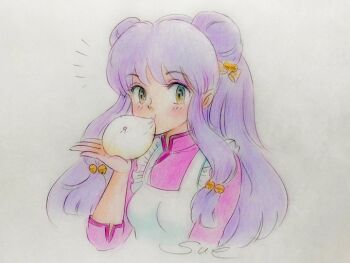 1girl china_dress chinese_clothes double_bun dress food hair_bun long_hair looking_at_viewer purple_hair ranma_1/2 shampoo_(ranma_1/2) shoes sidelocks steamed_bun