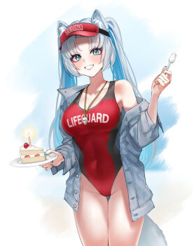 Rule 34 | 1girl, animal ears, blue eyes, blue hair, blue jacket, cake, cowboy shot, food, grey hair, hat, highleg, highleg one-piece swimsuit, highres, jacket, lifeguard, long hair, madiix012, multicolored hair, one-piece swimsuit, original, red hat, red one-piece swimsuit, solo, spoon, strawberry shortcake, streaked hair, swimsuit, tail, thigh gap, twintails, visor cap, wolf ears, wolf tail