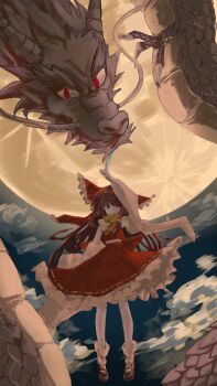 Rule 34 | 1girl, absurdres, ascot, backward-facing horns, between fingers, black shoes, bow, brown hair, chinese zodiac, claws, commentary request, detached sleeves, dragon, eastern dragon, frilled bow, frilled hair tubes, frilled skirt, frills, full body, full moon, hair bow, hair tubes, hakurei reimu, highres, holding, horns, long hair, looking at viewer, mary janes, moochii, moon, night, ofuda, ofuda between fingers, orange eyes, outdoors, red bow, red skirt, ribbon-trimmed skirt, ribbon-trimmed sleeves, ribbon trim, shoes, skirt, skirt set, sky, socks, solo, touhou, very long hair, whiskers, white socks, year of the dragon, yellow ascot