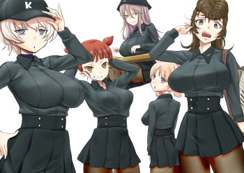 5girls absurdres aki_(girls_und_panzer) baseball_cap black_pantyhose blonde_hair blue_eyes blush breasts brown_eyes girls_und_panzer grin hand_on_own_hip hat highres instrument kantele kuromorimine_military_uniform large_breasts long_hair looking_at_viewer mika_(girls_und_panzer) mikko_(girls_und_panzer) military_uniform multiple_girls nabeyu open_mouth pantyhose pompadour simple_background smile twintails white_background youko_(girls_und_panzer) yuri_(girls_und_panzer)