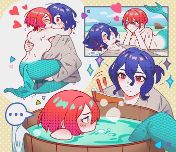 ... 1boy 1girl amate_yuzuriha aqua_eyes beach blue_hair blush breasts carrying carrying_person child_carry closed_eyes colored_inner_hair commentary drawing_(action) fins gundam gundam_gquuuuuux hashtag-only_commentary heart highres kiss large_breasts lying mermaid mermaid_out_of_environment monster_girl monsterification multicolored_hair nude nut87501 on_back ponytail purple_hair red_eyes red_hair shirt short_hair shuji_ito speech_bubble spoken_ellipsis two-tone_hair wet wet_hair wide-eyed