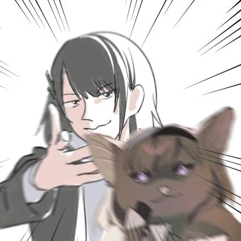 2girls absurdres animal animal_ears animalization arknights arknights:_endfield black_coat black_hair black_hairband brown_cat cat cat_ears closed_mouth coat commentary cumulussen diamond-shaped_pupils diamond_(shape) endministrator_(arknights) english_commentary female_endministrator_(arknights) hair_ornament hairband highres long_sleeves looking_at_viewer medium_hair meme motion_lines multiple_girls no_mask open_clothes sweater symbol-shaped_pupils throwing upper_body white_background white_sweater woe_plague_be_upon_ye_(meme)