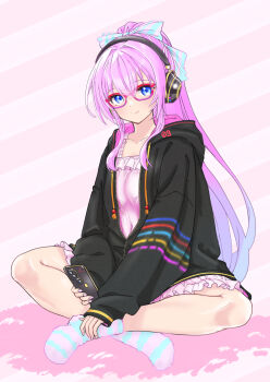 1girl black_hoodie blue_eyes closed_mouth collarbone full_body fuzzy_clothes glasses gradient_hair hair_ribbon hashtag-only_commentary headphones highres holding holding_phone hood hood_down hoodie indian_style long_hair long_sleeves looking_at_viewer megurine_luka multicolored_hair no_shoes open_clothes open_hoodie phone pink-framed_eyewear pink_hair ribbon sidelocks sitting sleeves_past_wrists smile socks solo striped_clothes striped_socks vocaloid yukihane_(snowowl515)