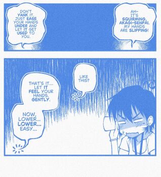 1girl ahoge blue_theme choppy_bangs cup earrings eavesdropping english_text hair_between_eyes holding holding_cup jewelry mole mole_under_eye monochrome open_mouth original shaded_face short_hair small_sweatdrop solo speech_bubble studionice2011 talking v-shaped_eyebrows