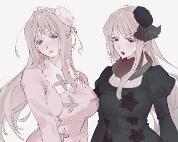 2girls axis_powers_hetalia black_dress black_hat black_veil blonde_hair blush bow breasts buttons commentary_request dress dual_persona flower_button fur-trimmed_dress fur_collar fur_hat fur_trim genderswap genderswap_(mtf) hair_ribbon hairband half-closed_eyes hat highres juliet_sleeves large_breasts long_hair long_sleeves looking_at_viewer mini_hat multiple_girls open_mouth pink_bow pink_dress pink_hairband pink_ribbon pom_pom_(clothes) puffy_sleeves purple_eyes red_eyes ribbon russia_(female)_(hetalia) russia_(hetalia) s2ppo see-through_clothes see-through_veil simple_background single_sidelock smile upper_body veil white_background white_hat