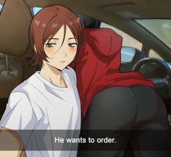 2boys ass black_hair blush brown_eyes brown_hair car_interior closed_mouth english_text hair_between_eyes he_wants_to_order_(meme) highres hood hood_down hoodie jacket kurosu_jun looking_at_viewer male_focus meme multiple_boys persona persona_2 red_jacket risuko.exe_(artist) selfie shirt short_hair side-view_mirror snapchat steering_wheel suou_tatsuya t-shirt white_shirt yaoi