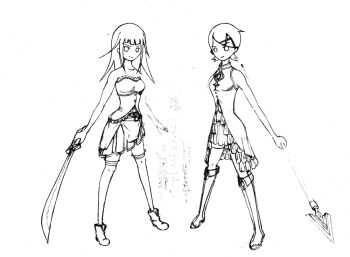 Rule 34 | 2girls, bare shoulders, blunt bangs, company connection, cosplay, creator connection, crossover, fuura kafuka, greyscale, hair ornament, hairclip, katteni kaizou, kitamura eri, lineart, long hair, magical girl, mahou shoujo madoka magica, mahou shoujo madoka magica (anime), miki sayaka, miki sayaka (cosplay), miki sayaka (magical girl), monochrome, multiple girls, natori umi, nonaka ai, polearm, sakura kyoko, sakura kyoko (cosplay), sakura kyoko (magical girl), sayonara zetsubou sensei, shaft (company), short hair, sketch, skirt, smile, spear, sword, thighhighs, traditional media, voice actor connection, weapon