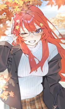 1girl alternate_costume autumn autumn_leaves bespectacled black_jacket blue_eyes breasts clenched_teeth commentary_request day glasses go-toubun_no_hanayome hair_ornament hand_up jacket large_breasts leaf long_hair long_sleeves looking_at_viewer maple_leaf mi8pq nakano_itsuki one_eye_closed plaid_clothes plaid_skirt red_hair ribbed_sweater skirt smile solo star_(symbol) star_hair_ornament sweater teeth tree white_sweater