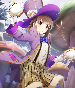 Rule 34 | 1girl, :o, alice's adventures in wonderland, arm up, blue bow, blue bowtie, blue ribbon, blush, bow, bowtie, breasts, brown hair, brown shirt, brown shorts, buttons, checkered bow, checkered bowtie, checkered clothes, cloud, club (shape), coat, cosplay, cowboy shot, cup, day, diamond (shape), dot nose, flower, game cg, giant mushroom, gloves, hair ornament, hairclip, hat, hat flower, hat ribbon, heart, high collar, holding, holding cup, holding teapot, leggings, long sleeves, looking at viewer, mad hatter (alice in wonderland), mad hatter (alice in wonderland) (cosplay), mizushina waka, mushroom, official art, open clothes, open coat, outdoors, parted lips, pink eyes, pink pupils, pinstripe shorts, pouring, purple bow, purple bowtie, purple coat, purple hat, purple leggings, purple sky, ribbon, shirt, short hair, shorts, sky, small breasts, solo, spade (shape), sparkle, striped clothes, striped leggings, striped shorts, suspenders, tea, teacup, teapot, third-party source, toji no miko, toji no miko: kizamishi issen no tomoshibi, top hat, two-tone bow, two-tone bowtie, vertical-striped clothes, vertical-striped shorts, white flower, white gloves