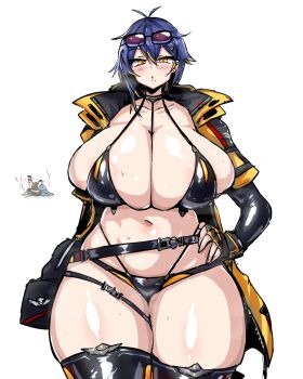 Rule 34 | 1girl, bag, bikini, black bikini, black gloves, black thighhighs, blue hair, blush, breasts, choker, cleavage, fingerless gloves, geist43195783, gloves, hand on own hip, highres, huge breasts, jacket, last origin, layered bikini, lips, micro shorts, mole, mole under mouth, navel, open clothes, open jacket, open mouth, shiny skin, short hair, shorts, solo, standing, sterling (last origin), sunglasses, sunglasses on head, sweat, swimsuit, thick thighs, thigh strap, thighhighs, thighs, whale tail (clothing), white background, wide hips, yellow eyes