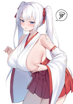 1girl alexmaster blue_eyes blush breasts commentary_request detached_sleeves hakama huge_breasts japanese_clothes long_hair looking_at_viewer miko original red_hakama simple_background solo twintails white_background white_hair white_sleeves