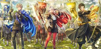 1girl arrow_(projectile) axe battle_axe black_hair blonde_hair blue_cape blue_eyes bow_(weapon) cape castle claude_von_riegan dark-skinned_male dark_skin dimitri_alexandre_blaiddyd earrings edelgard_von_hresvelg feet_out_of_frame fire_emblem fire_emblem:_three_houses fire_emblem_cipher flag floating_hair garreg_mach_monastery_uniform gauntlets gloves green_eyes hand_on_own_cheek hand_on_own_chest hand_on_own_face highres holding holding_arrow holding_axe holding_bow_(weapon) holding_polearm holding_weapon jewelry long_hair long_sleeves multiple_boys nintendo official_art pantyhose polearm purple_eyes quiver red_cape red_pantyhose scabbard sheath sheathed short_hair side_cape soldier spear sunlight sword takaya_tomohide weapon white_gloves white_hair yellow_cape