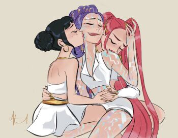 Rule 34 | 3girls, amber leigh, black hair, body markings, closed eyes, commentary, cropped legs, english commentary, girl sandwich, hair bun, halter shirt, halterneck, hand on another's back, highres, holding hands, kiss, kissing cheek, kissing shoulder, kpop demon hunters, long hair, mira (kpop demon hunters), multiple girls, pink hair, polyamory, purple hair, rumi (kpop demon hunters), sandwiched, shirt, skirt, sleeveless, sleeveless shirt, two side up, very long hair, white shirt, white skirt, yuri, zoey (kpop demon hunters)