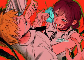 1boy 1girl black_necktie black_ribbon blonde_hair blood bloodshot_eyes blue_blood blue_eyes chainsaw_man collared_shirt cord_pull denji_(chainsaw_man) grenade_pin highres neck_ribbon necktie nyakv_v pull_cord purple_hair red_pupils reze_(chainsaw_man) ribbon severed_tongue shirt short_hair sleeveless sleeveless_shirt tongue tongue_out transformation white_shirt wide-eyed