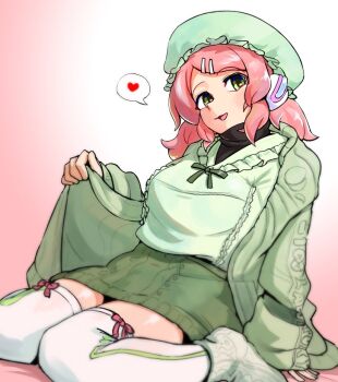 Rule 34 | alternate costume, aran sweater, black sweater, cable knit, commentary request, green eyes, hat, heart, mob cap, momone momo, pink hair, saruyama ushirou, skirt, smile, spoken heart, sweater, thighhighs, turtleneck, turtleneck sweater, utau, white thighhighs, zettai ryouiki
