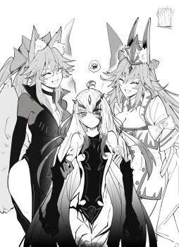 3girls ahoge animal_ears annoyed breasts cleavage closed_eyes fate/grand_order fate_(series) fox_ears fox_girl fox_tail glasses highres koyanskaya_(assassin)_(first_ascension)_(fate) koyanskaya_(assassin)_(third_ascension)_(fate) koyanskaya_(fate) large_breasts long_hair melusine_(fate) melusine_(third_ascension)_(fate) monochrome multiple_girls shusun_sun small_breasts tail very_long_hair