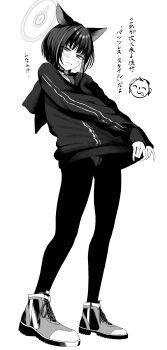 1girl absurdres animal_ears black_hair black_jacket black_pantyhose blue_archive blush cat_choker cat_ears closed_mouth clothes_lift commentary daiji_pt doodle_sensei_(blue_archive) embarrassed extra_ears full_body greyscale halo highres hood hood_down hoodie hoodie_lift jacket kazusa_(blue_archive) long_sleeves looking_at_viewer monochrome no_pants panties panties_under_pantyhose pantyhose pantyshot sensei_(blue_archive) shoes short_hair simple_background small_sweatdrop smile sneakers solo standing symbol-only_commentary translation_request underwear white_background