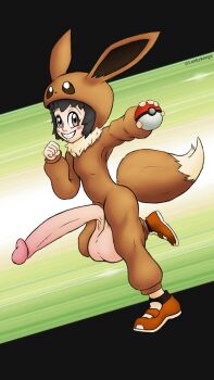 1futa absurdres black_hair blush brown_eyes clothes cosplay eevee eevee_(cosplay) eevee_ears eevee_tail flat_chest futanari gen_1_pokemon grin highres huge_penis huge_testicles lankykonga large_penis large_testicles loli nintendo npc_trainer penis poke_ball poke_kid_(pokemon) pokemon pokemon_swsh simple_background smile solo testicles uncensored