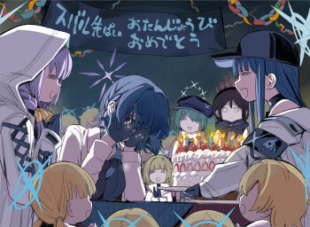 6+girls :d arius_squad_(blue_archive) arius_student_(blue_archive) atsuko_(blue_archive) baseball_cap birthday birthday_cake black_hair blue_archive blue_hair braid cake clapping coat commentary_request covering_face crying crying_with_eyes_open food grey_shirt halo happy happy_birthday hat highres hiyori_(blue_archive) hood hoodie jitome long_hair maia_(blue_archive) misaki_(blue_archive) multicolored_hair multiple_girls necktie open_mouth parody purple_eyes purple_hair sadamatsu_ryuuichi saori_(blue_archive) scene_reference shirt short_hair smile subaru_(blue_archive) tears twin_braids two-tone_hair white_coat white_hoodie