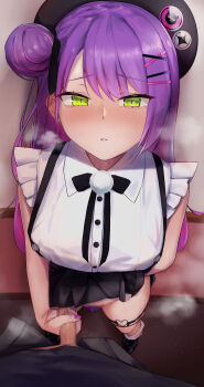 1boy 1girl badge beret black_bow black_bowtie black_footwear black_ribbon black_skirt blush bow bowtie breasts button_badge kneehighs censored clothes_lift collared_shirt colored_pubic_hair dripping female_pubic_hair frills from_above full_body gamarenji green_eyes hair_bun hair_ornament hair_ribbon hairclip handjob hat heart heart_o-ring heavy_breathing hetero highres hololive large_breasts lifting_own_clothes long_hair looking_at_viewer loose_socks mosaic_censoring nail_polish o-ring o-ring_thigh_strap official_alternate_costume official_alternate_hairstyle parted_lips penis pink_nails pom_pom_(clothes) pov pubic_hair purple_hair purple_pubic_hair pussy_juice reverse_grip_handjob ribbon shiny_skin shirt side_bun single_side_bun skirt skirt_lift sleeveless sleeveless_shirt socks solo_focus steaming_body suspender_skirt suspenders thigh_strap tokoyami_towa virtual_youtuber white_legwear white_shirt x_hair_ornament