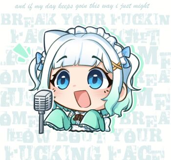 1girl :d aqua_dress blue_eyes blunt_bangs chibi commentary dress english_commentary english_text gradient_hair green_hair hair_ornament highres indie_virtual_youtuber limp_bizkit long_sleeves lyrics maid maid_headdress medium_hair microphone mint_fantome mint_fantome_(minto_2.0) moon_ldl multicolored_hair notice_lines open_mouth profanity sleeves_past_fingers sleeves_past_wrists smile solo triangular_headpiece two-tone_hair two_side_up upper_body virtual_youtuber white_background white_hair x_hair_ornament