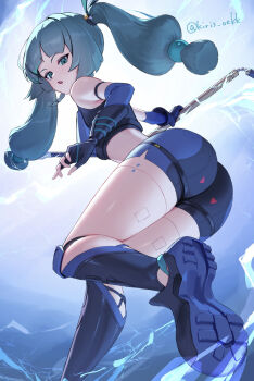 1girl aimo_wotku aqua_eyes aqua_hair artist_name ass bare_shoulders blue_background blue_boots blue_gloves blue_shorts boots commentary_request crop_top elbow_gloves foot_out_of_frame gloves highres holding holding_weapon long_hair midriff open_mouth qingyi_(zenless_zone_zero) short_shorts shorts sleeveless solo twintails weapon zenless_zone_zero