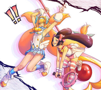 Rule 34 | !, !!, 2girls, armpits, ball, bell, black hair, blazblue, blonde hair, blue skirt, blush, blush stickers, clothes lift, crossover, flat chest, gloves, green eyes, grin, hair ribbon, heart, heart-shaped pupils, honyata, justice gakuen, karuizawa momo, long hair, looking at another, miniskirt, moero! justice gakuen, muchourin, multiple girls, oversized object, panties, pantyshot, platinum the trinity, pleated skirt, quad tails, racket, ribbon, skirt, skirt lift, smile, striped clothes, striped legwear, striped panties, striped thighhighs, symbol-shaped pupils, teeth, tennis ball, tennis racket, thighhighs, troll face, twintails, underwear, very long hair, wand, white panties, zettai ryouiki