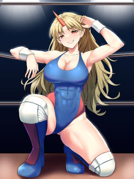 1girl abs absurdres blonde_hair blue_leotard blush breasts cleavage commission elbow_pads highres horns hoshiguma_yuugi large_breasts leotard long_hair looking_at_viewer mattyakinako_(odango_imomushi) muscular on_one_knee pixiv_commission pointy_ears red_eyes single_horn smile solo toned toned_female touhou wrestler wrestling_boots wrestling_outfit wrestling_ring